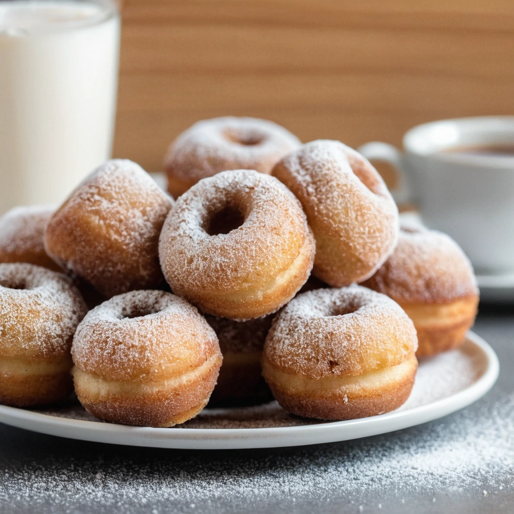 Golden brown doughnut holes dusted with cinnamon sugar, arranged on a white plate.