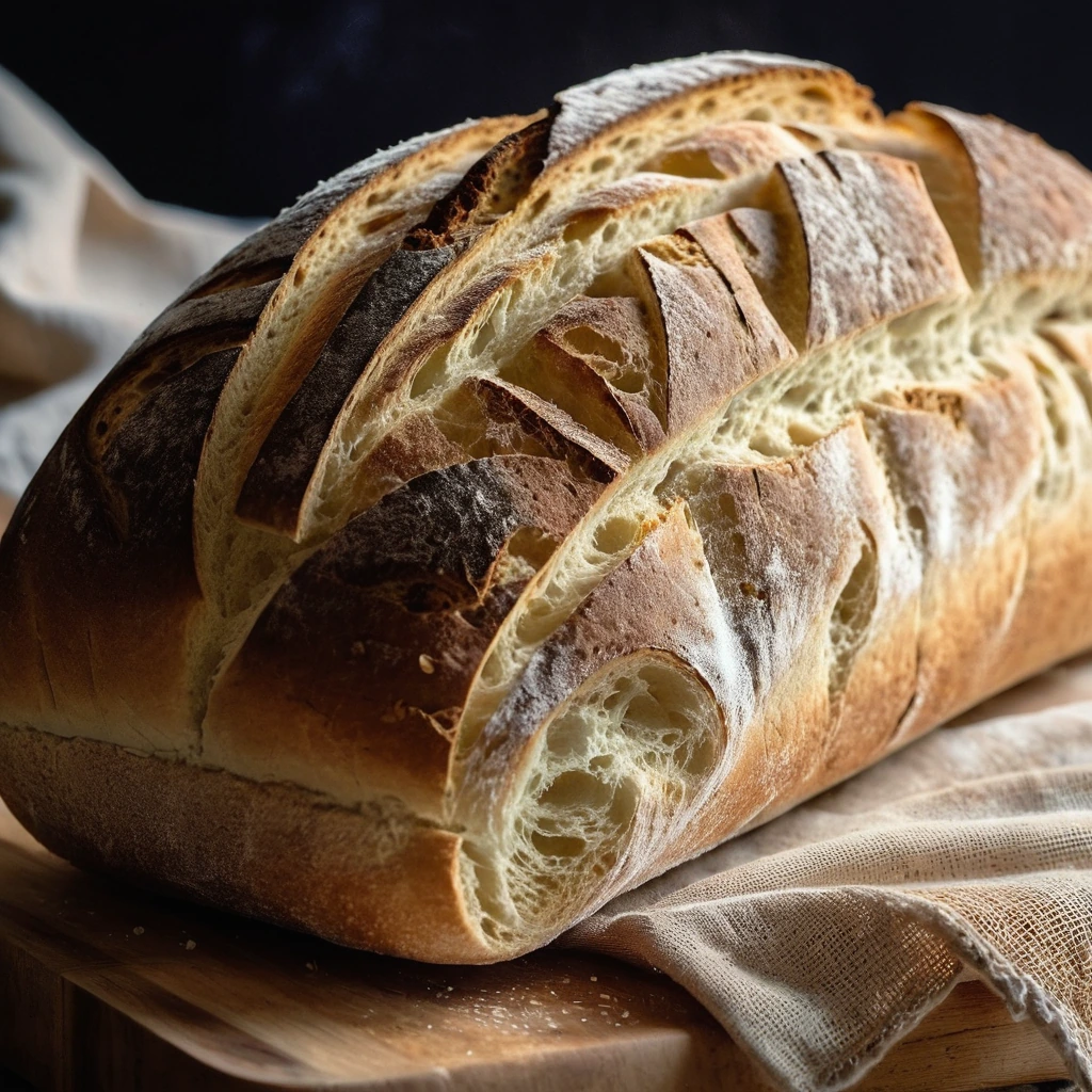 Rustic ciabatta loaf with a golden crust, sliced open to reveal airy, porous interior, sprinkled with coarse sea salt.