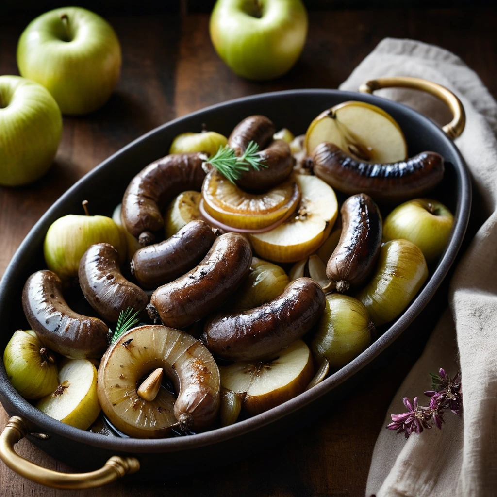 Sizzling pork sausages surrounded by golden onions and apple slices in a rustic serving dish.