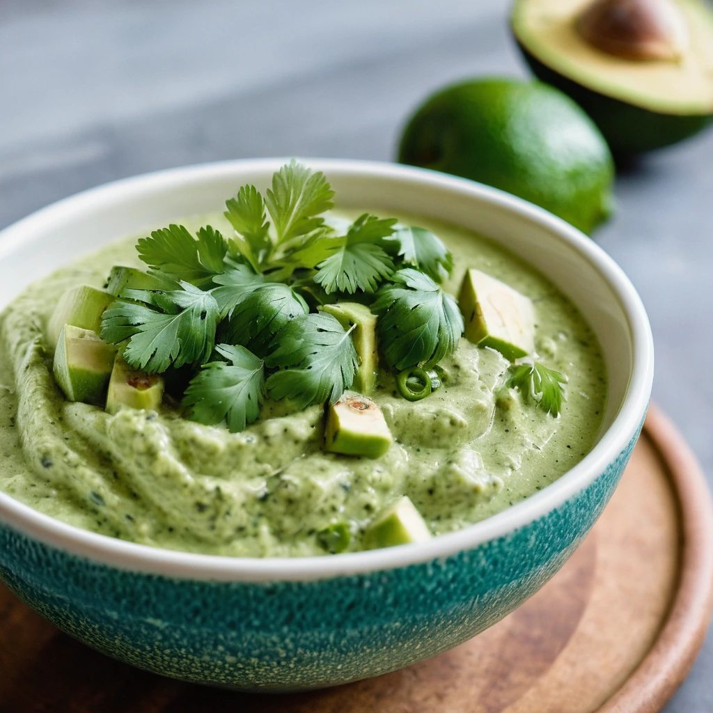 Vibrant green salsa with chunks of avocado in a bowl, sprinkled with cilantro.