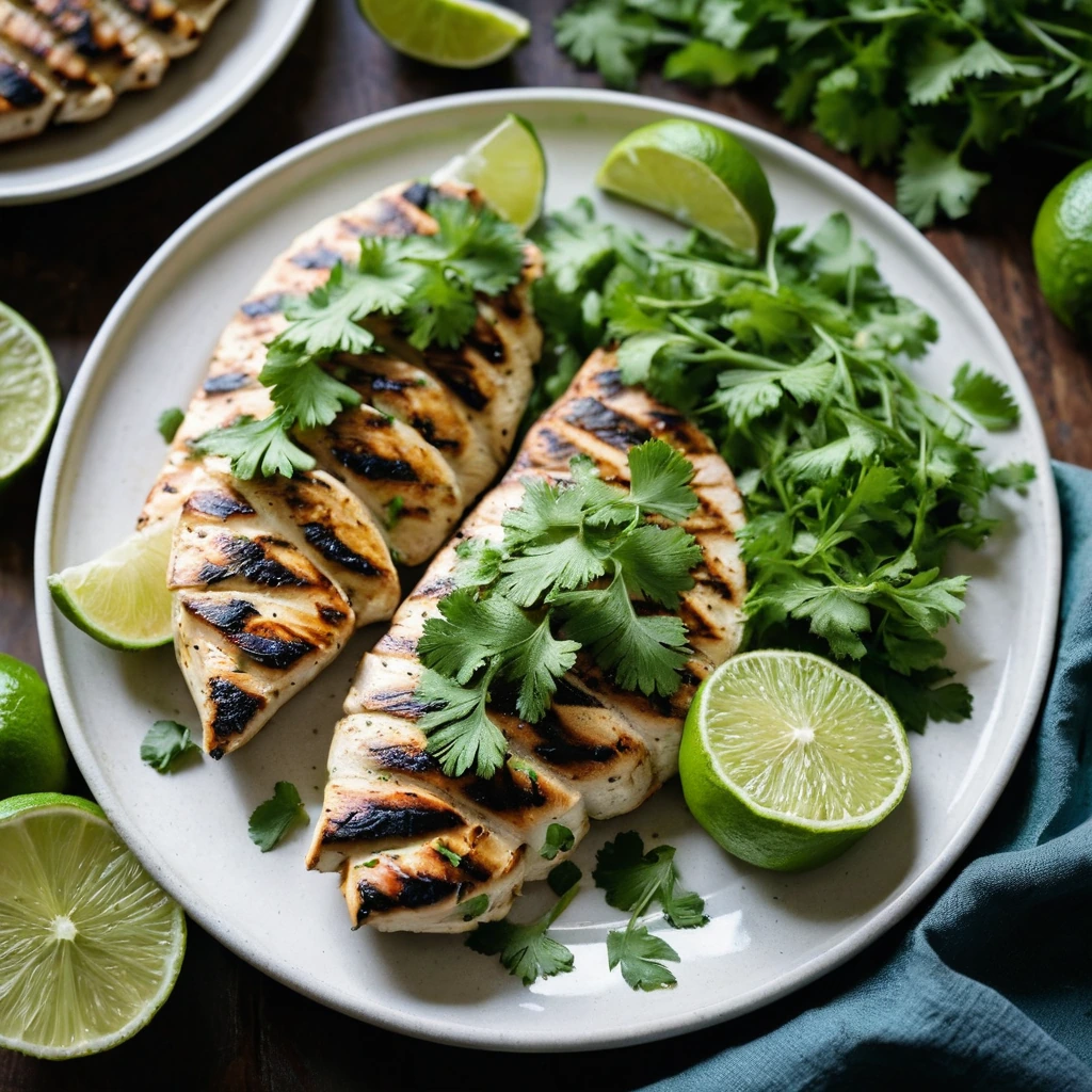 Grilled chicken breasts on a platter, vibrant green cilantro sprigs scattered on top, lime wedges alongside.