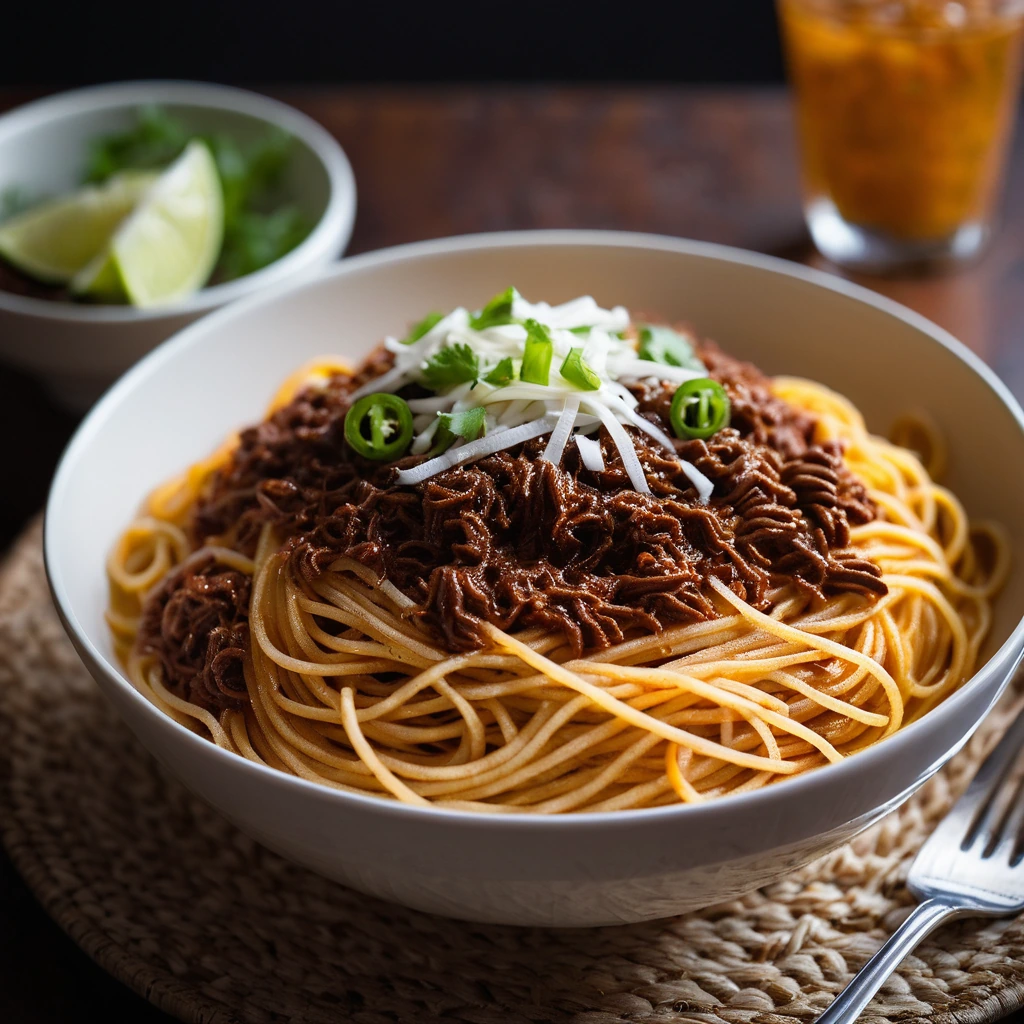 Steamy chili in a deep red-orange hue served over spaghetti with shredded cheddar cheese on top.