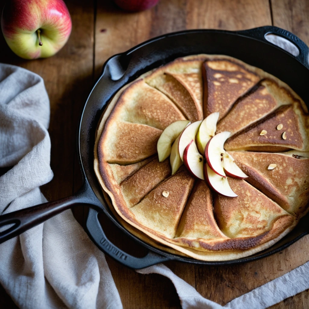 Golden pancakes in a skillet, dotted with apple chunks and dusted with cinnamon, served on a rustic wooden table.
