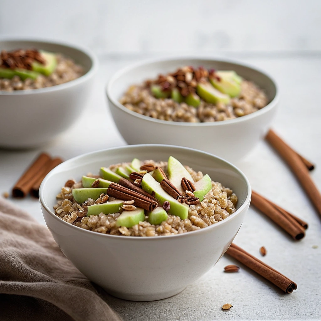 Bowl of creamy golden oats with cinnamon swirls and diced apples on top