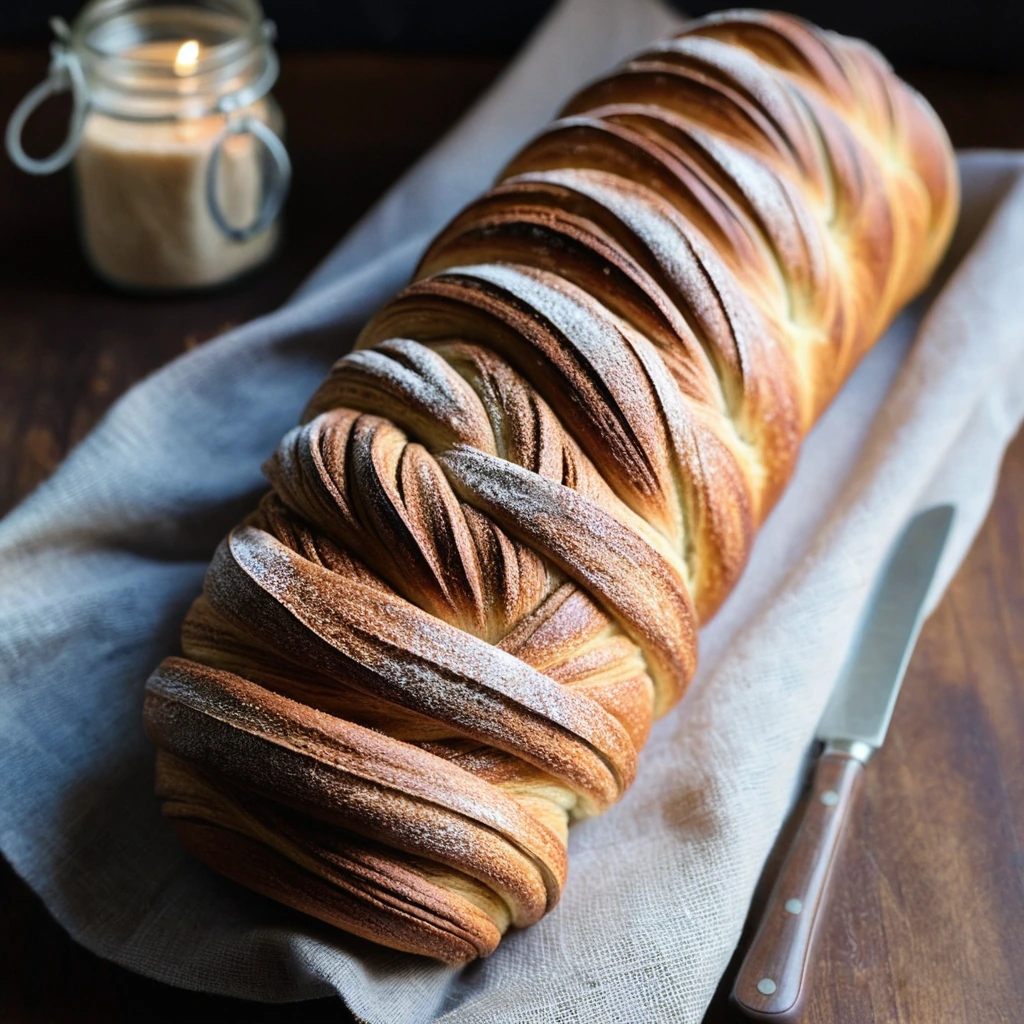 Golden braided bread loaf dusted with cinnamon sugar on a rustic wooden board.