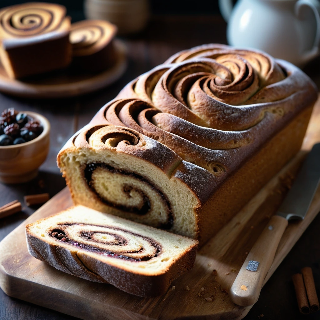 Golden loaf of bread with a swirl pattern, sprinkled with cinnamon sugar, on a rustic wooden board.