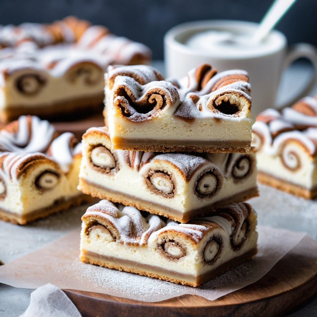 Golden, gooey bars with swirls of cinnamon and cheesecake, dusted with powdered sugar.