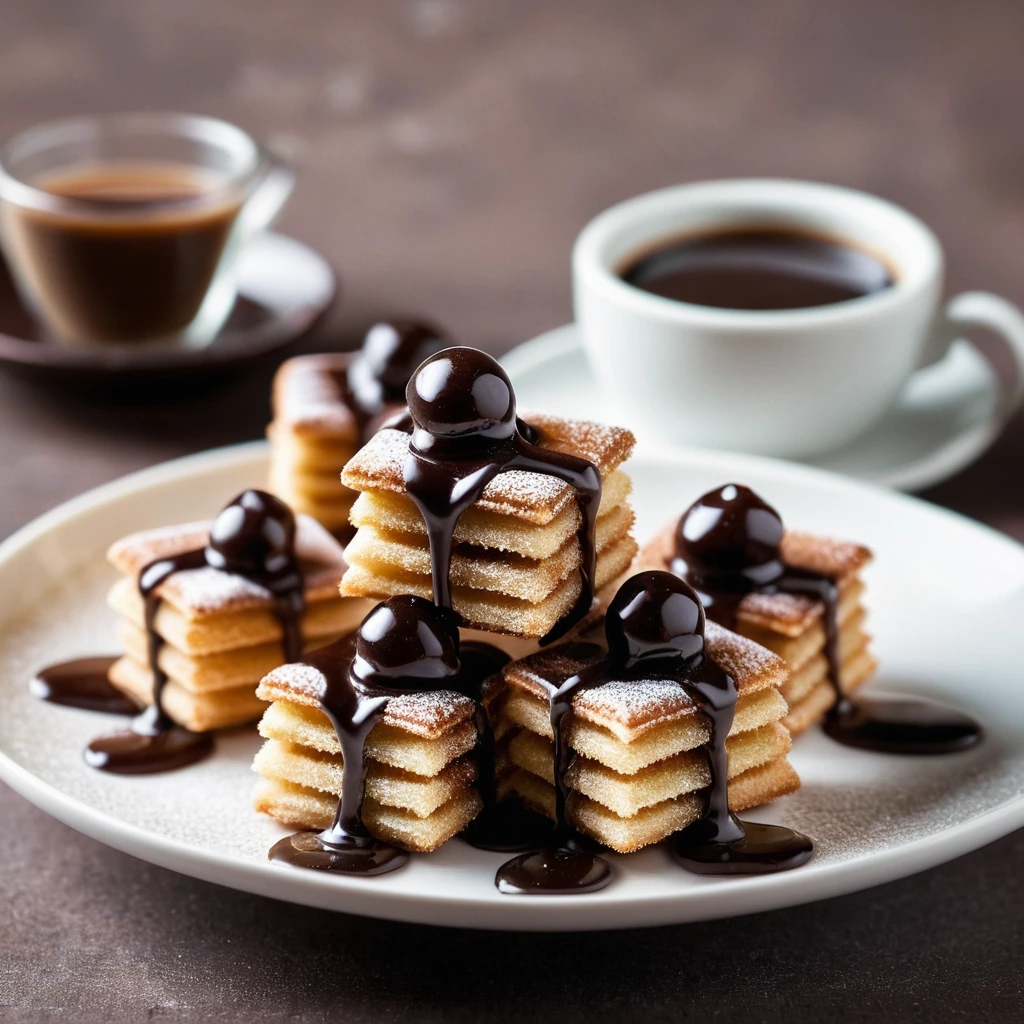 Golden churro bites on a white plate with a drizzle of dark chocolate sauce.