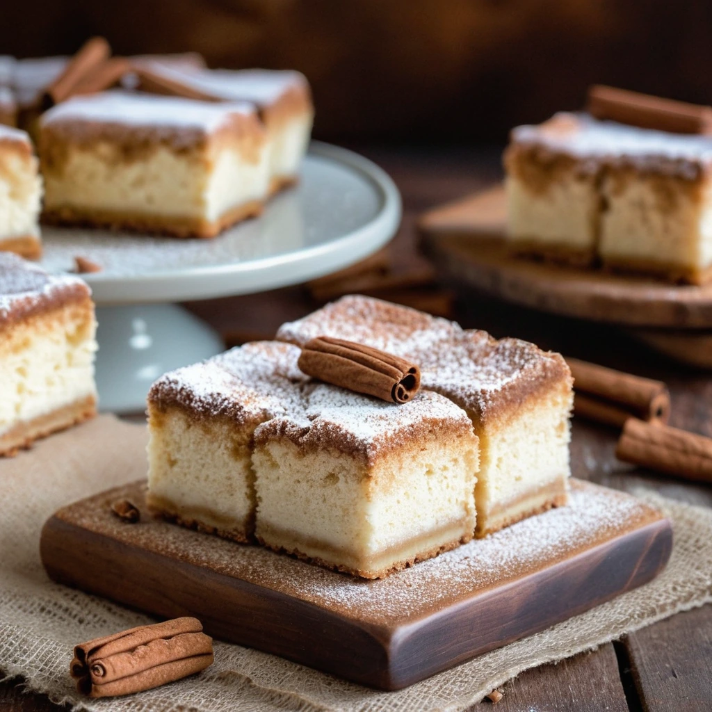 Golden cheesecake squares dusted with cinnamon sugar on a rustic wooden board.