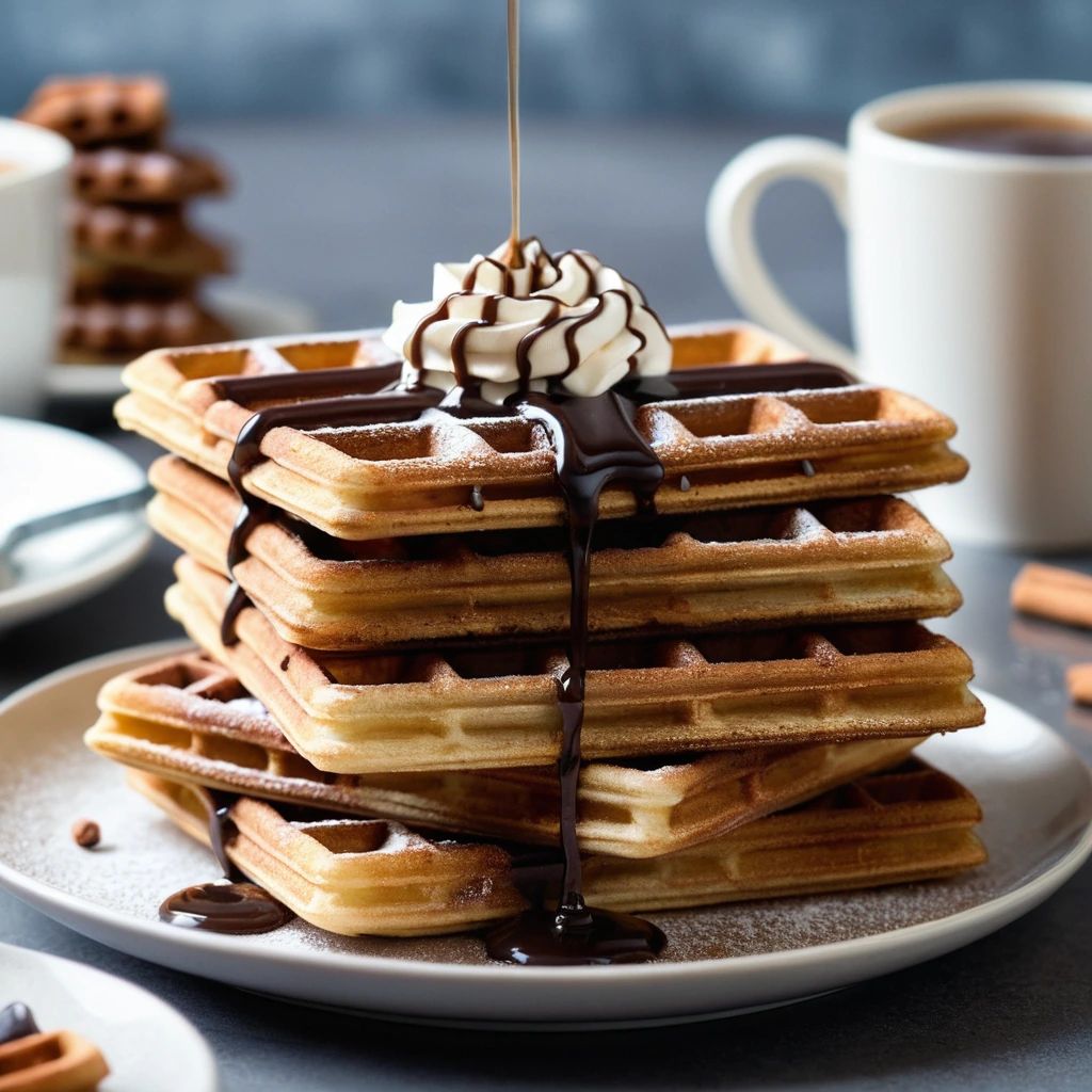 golden brown waffles dusted with cinnamon sugar, served in a stack with a drizzle of chocolate sauce