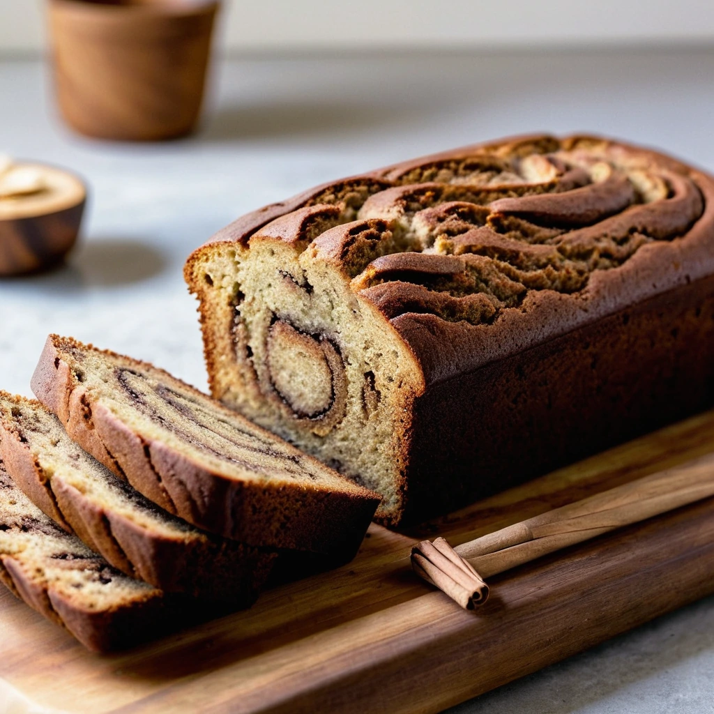 Golden banana bread loaf with a visible cinnamon swirl pattern, sitting on a rustic wooden board.
