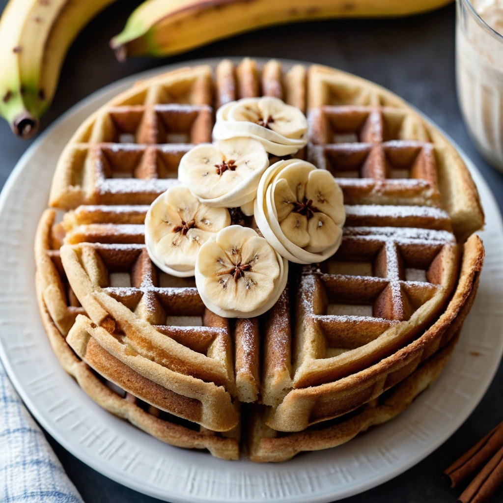 Golden brown waffles with a visible cinnamon swirl pattern, served warm with a dusting of powdered sugar.