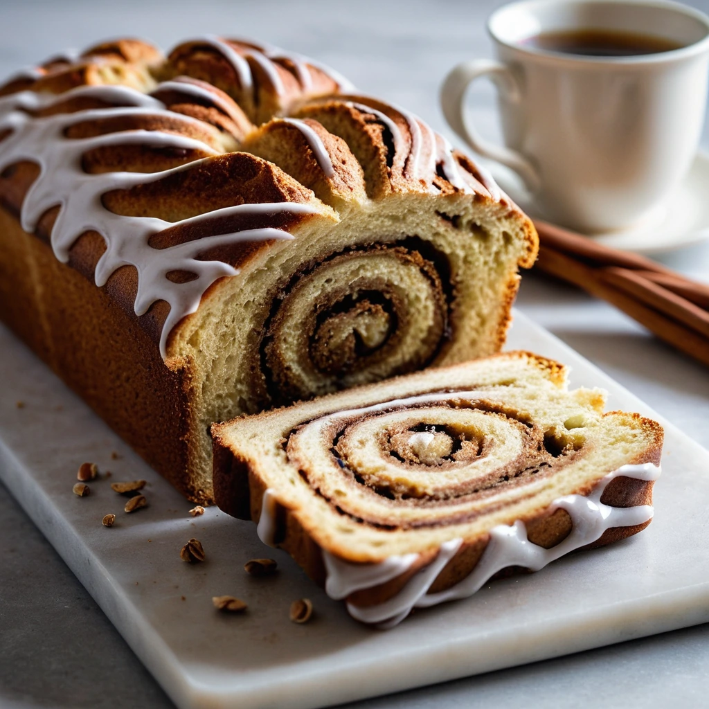 A warm, golden loaf with a swirl of cinnamon peeking through, sliced and ready to serve.