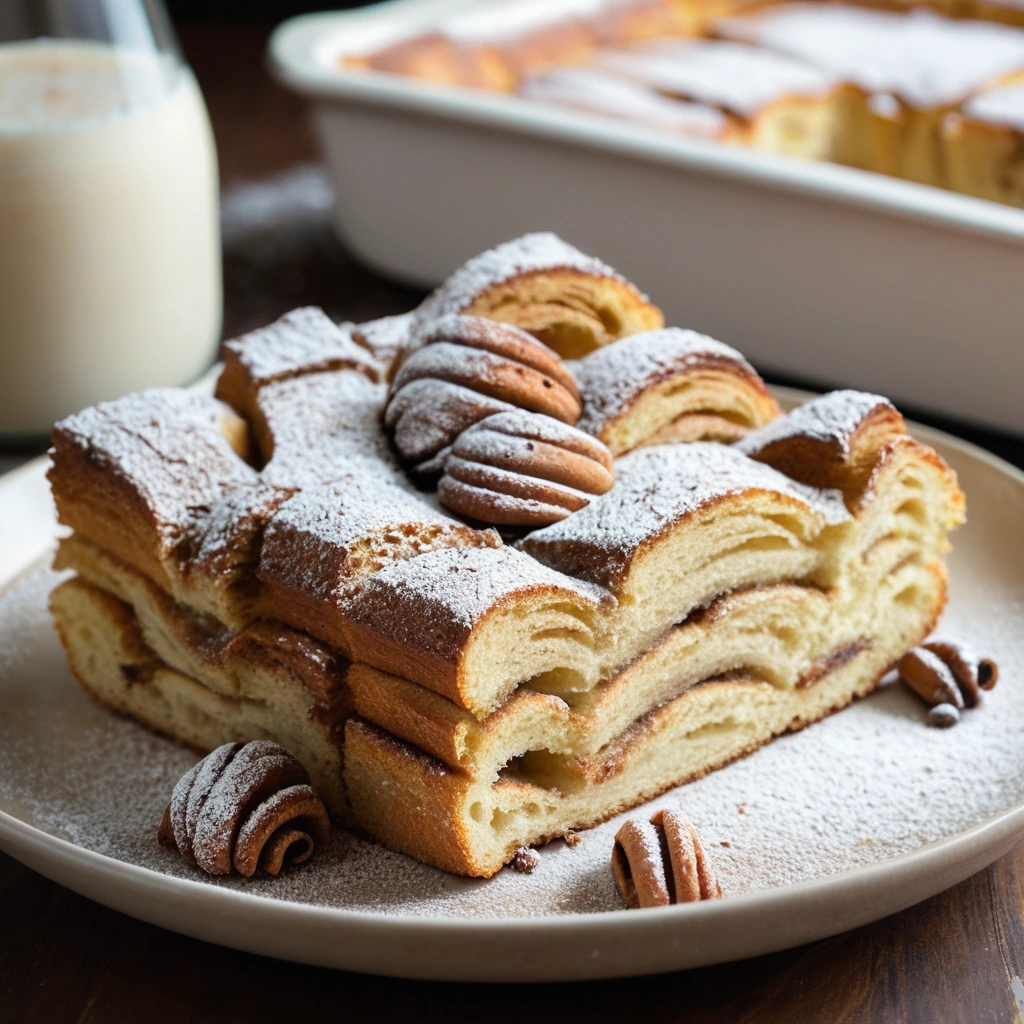 Warm golden French toast bake swirled with cinnamon, served in a rectangular dish with a sprinkle of powdered sugar.