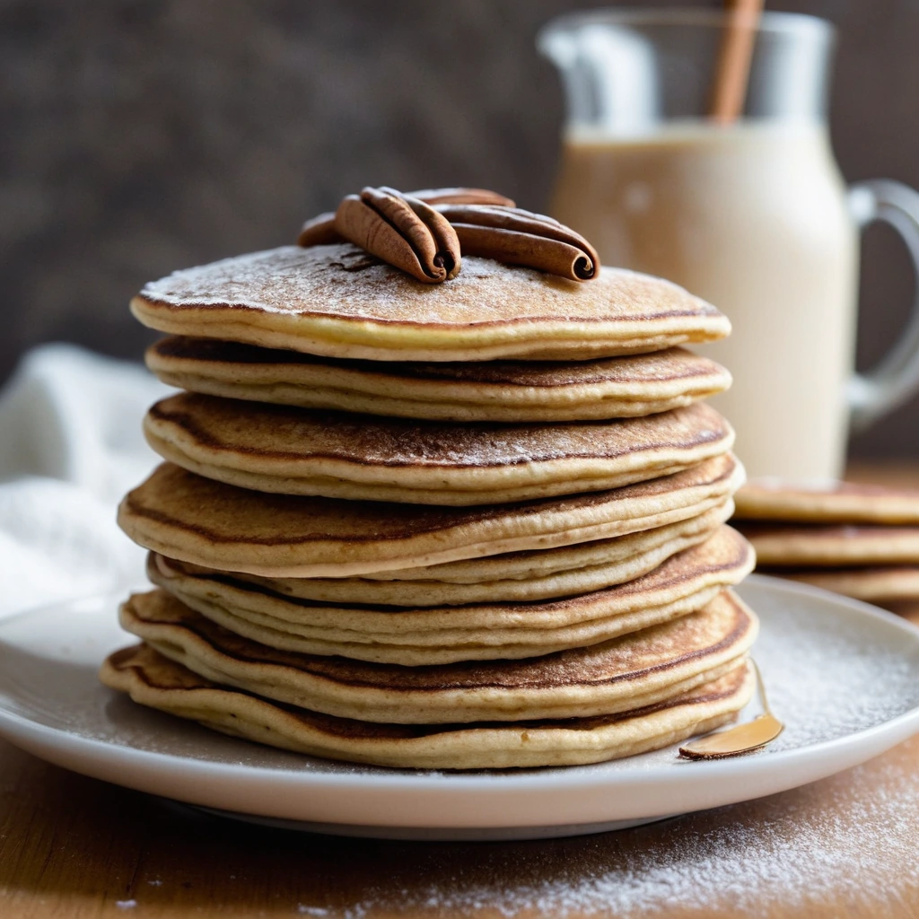 Stack of golden pancakes with a visible cinnamon swirl pattern, served on a white plate with a dusting of powdered sugar.