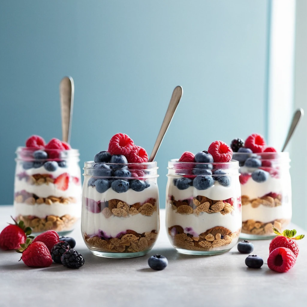 Glass jars filled with layers of cinnamon cereal, yogurt, and mixed berries.