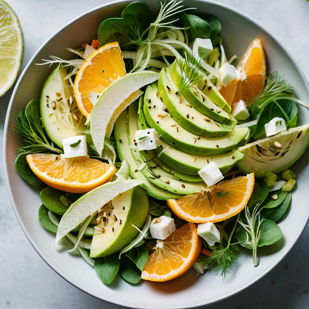 Colorful salad with orange slices, avocado chunks, and thinly sliced fennel in a white bowl.