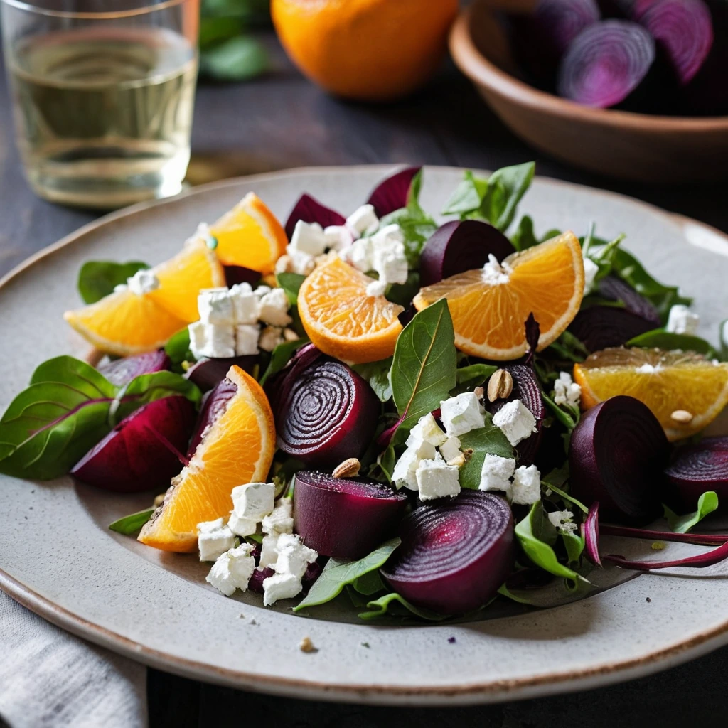 Colorful salad with roasted beets, orange segments, and crumbled goat cheese on a rustic plate.