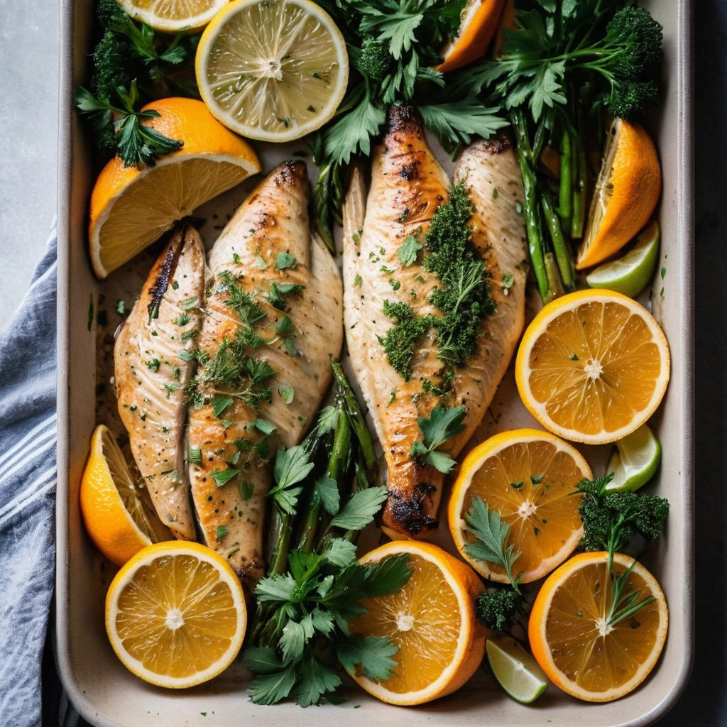 Sheet pan with golden roasted vegetables and citrus glazed chicken breasts, garnished with fresh parsley.