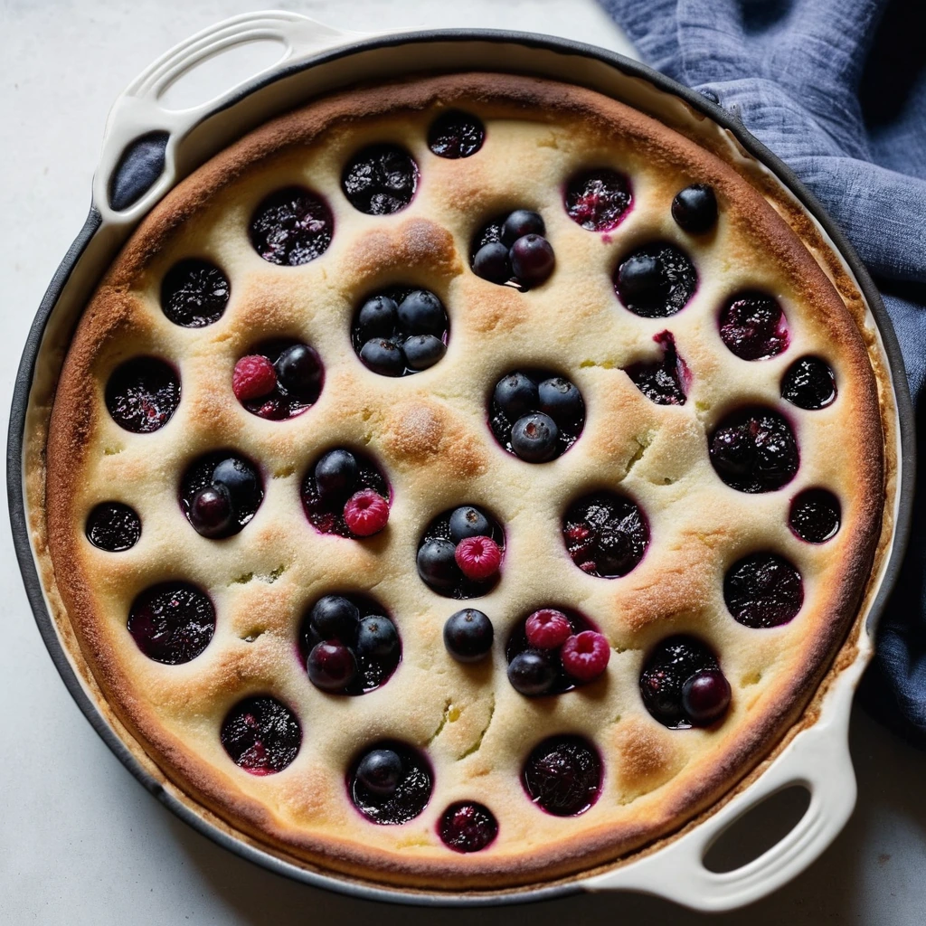 Golden clafoutis in a round baking dish with dark cherries scattered throughout.