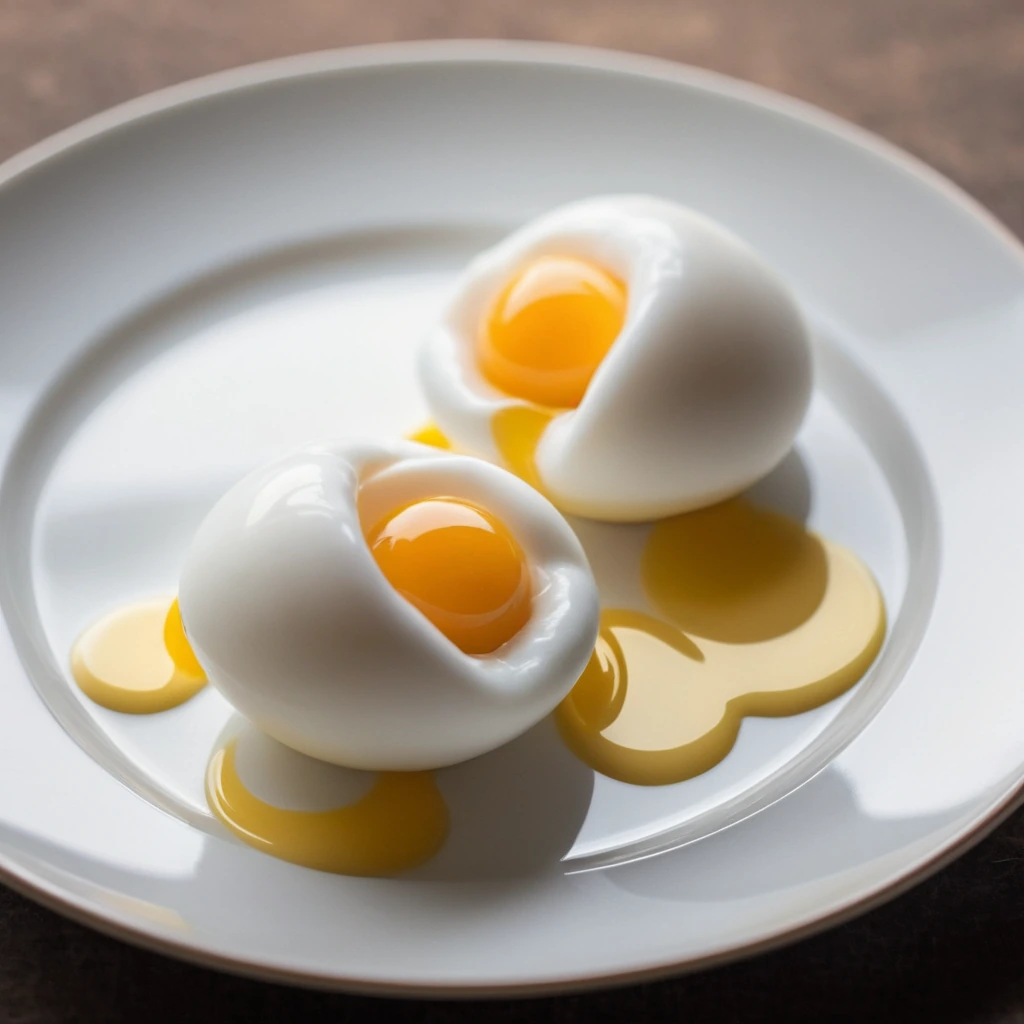 Two golden cloud-shaped egg whites with runny yolks on a white plate.
