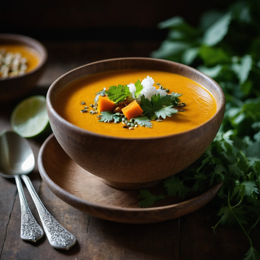 steamy orange soup in a rustic bowl with cilantro garnish