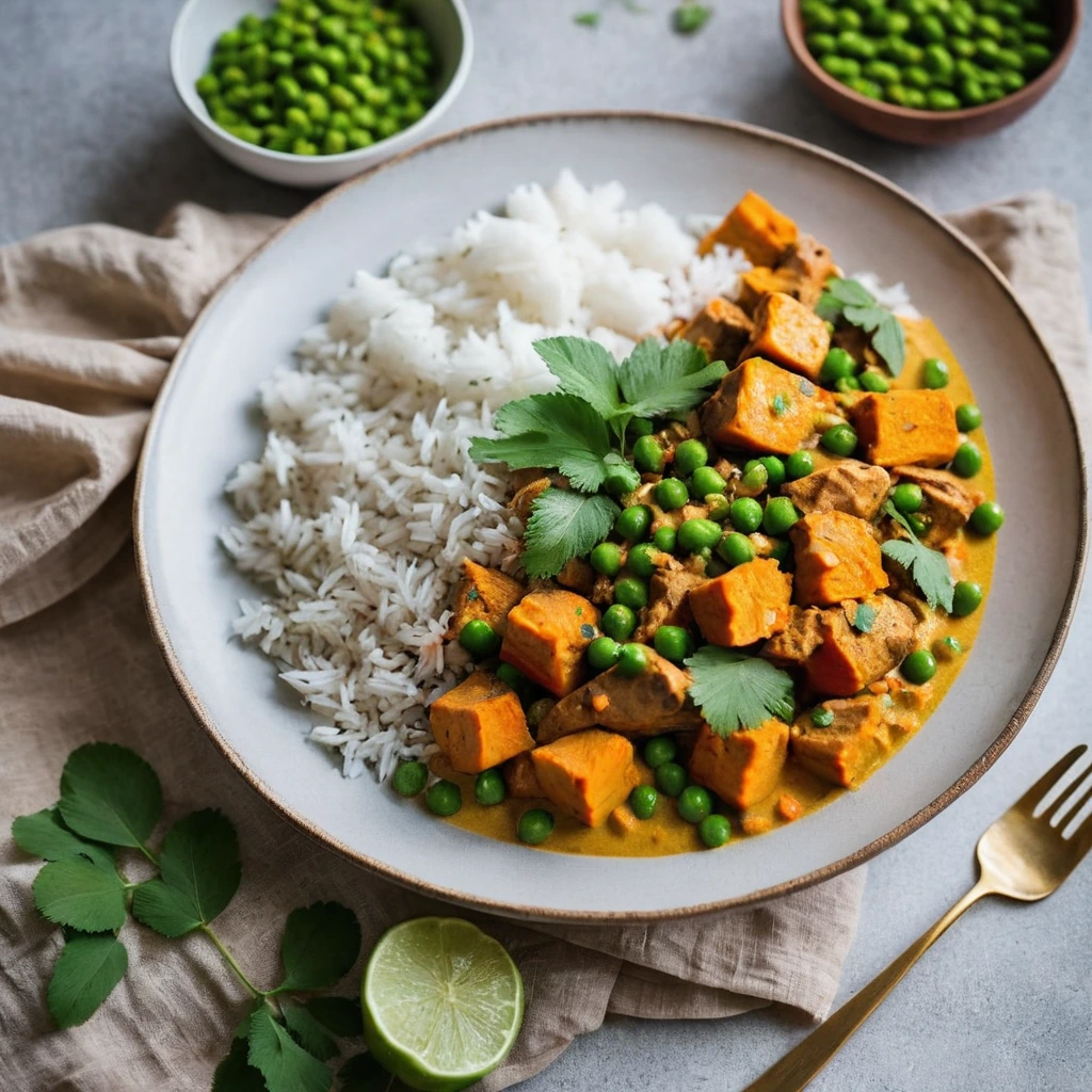 Steamed jasmine rice topped with a vibrant yellow curry featuring chicken, cubed sweet potatoes, and green peas in a creamy sauce.