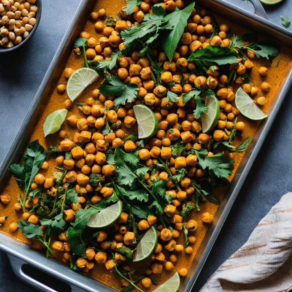 Golden roasted vegetables and chickpeas drenched in a vibrant orange curry sauce on a sheet pan.