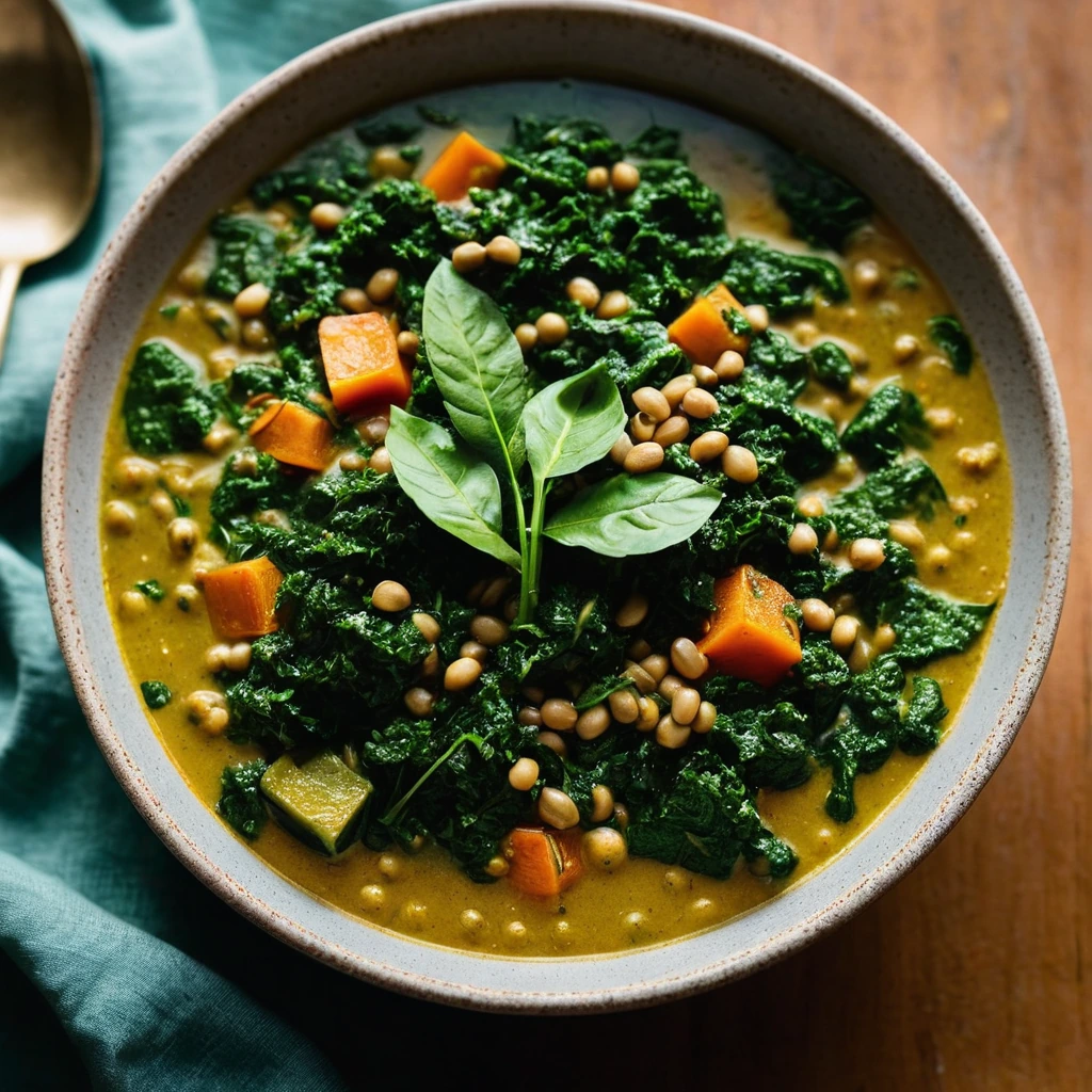 Steaming bowl of vibrant green stew with golden hues and a sprinkle of fresh cilantro on top.
