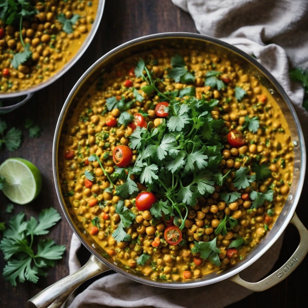 Golden lentils simmered in rich yellow curry sauce with diced tomatoes and fresh cilantro sprinkled on top in a skillet.
