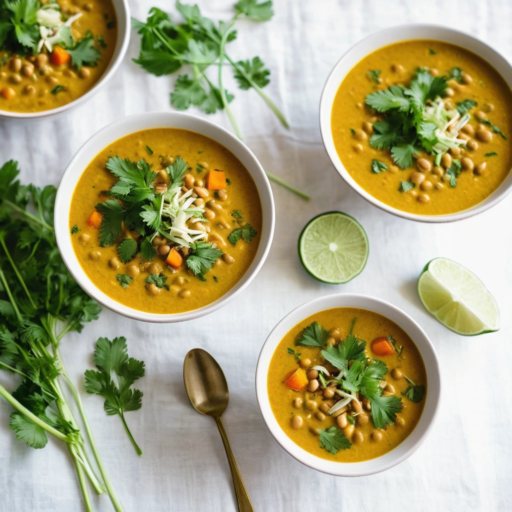Golden coconut curry soup with lentils served in a white bowl, garnished with fresh cilantro.