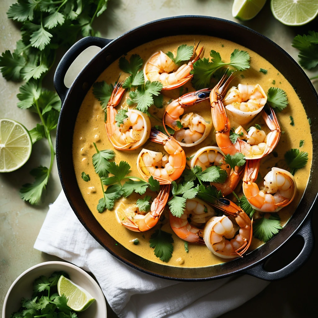 Golden shrimp nestled in a vibrant yellow sauce, garnished with fresh cilantro in a sizzling skillet.