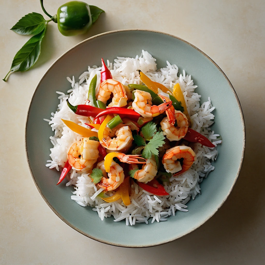 Shrimp in creamy coconut curry sauce with colorful sweet peppers served in a shallow bowl.