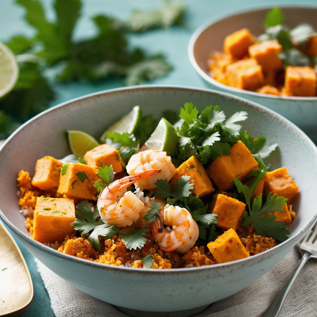 Bowl of coconut curry shrimp with cubes of sweet potato, vibrant green cilantro garnish.