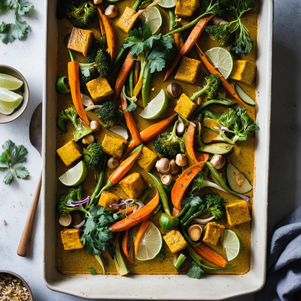Colorful roasted vegetables drenched in a golden coconut curry sauce on a sheet pan.