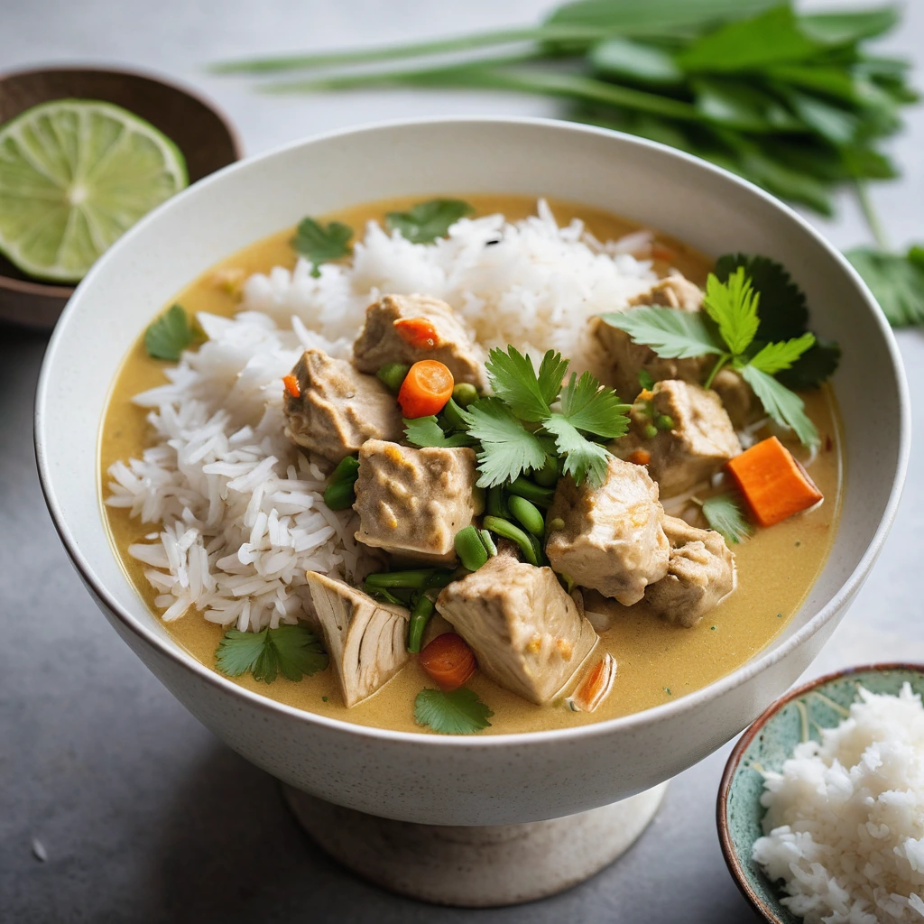 Steaming bowl of creamy yellow stew with chicken chunks and vegetables over fragrant jasmine rice, garnished with fresh cilantro.