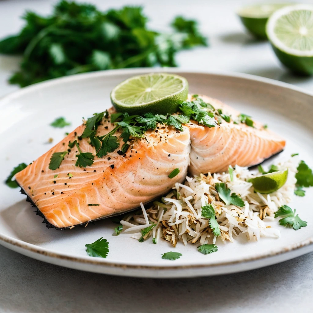 Baked salmon fillet on a plate, topped with toasted coconut and cilantro, zesty lime wedges on the side.