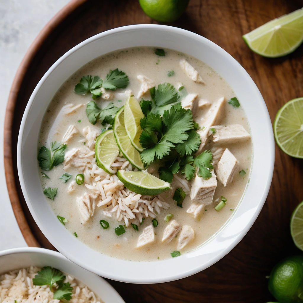 A steaming bowl of creamy, golden soup with chunks of chicken, green onions, and cilantro garnish.