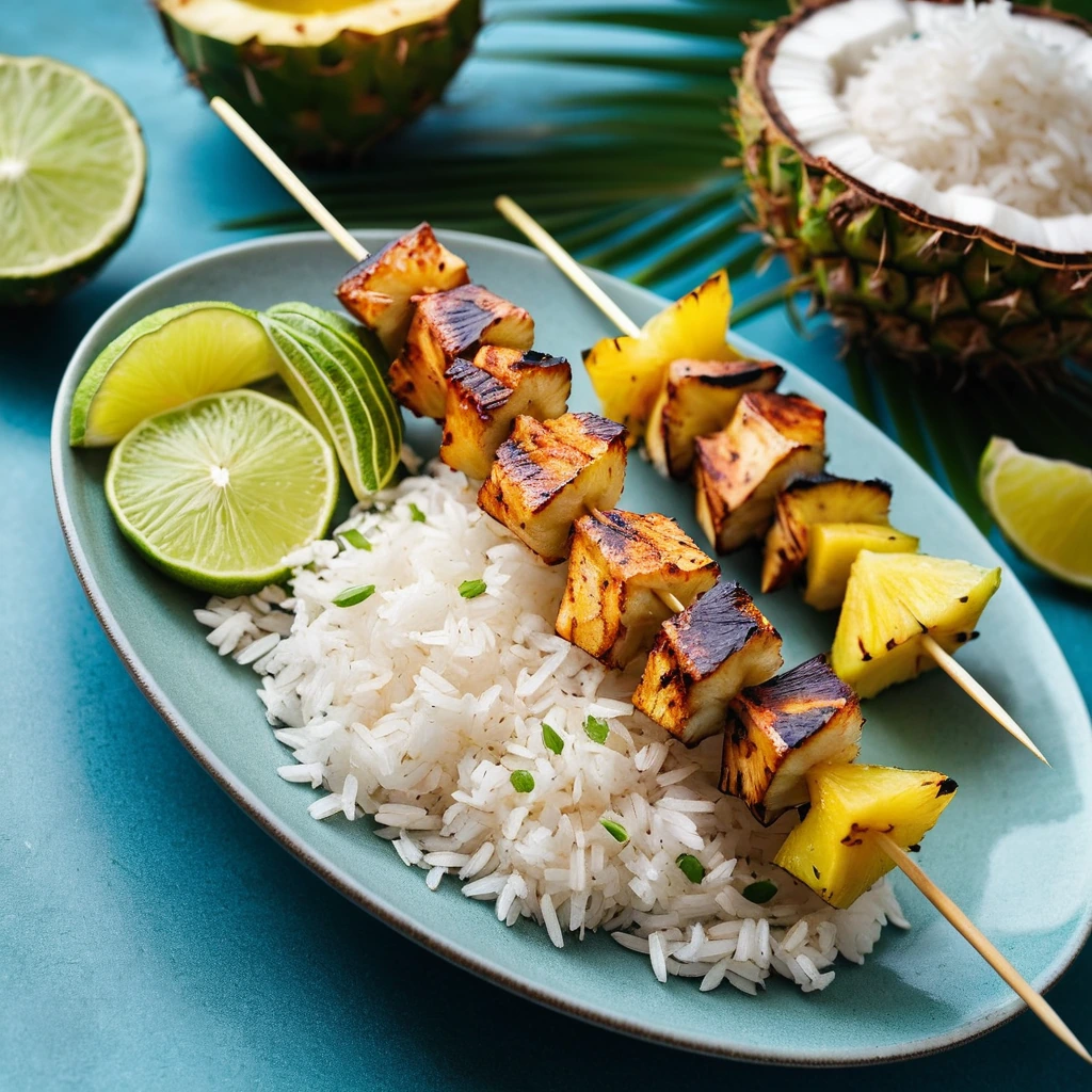 Grilled chicken skewers on a plate with vibrant yellow pineapple rice
