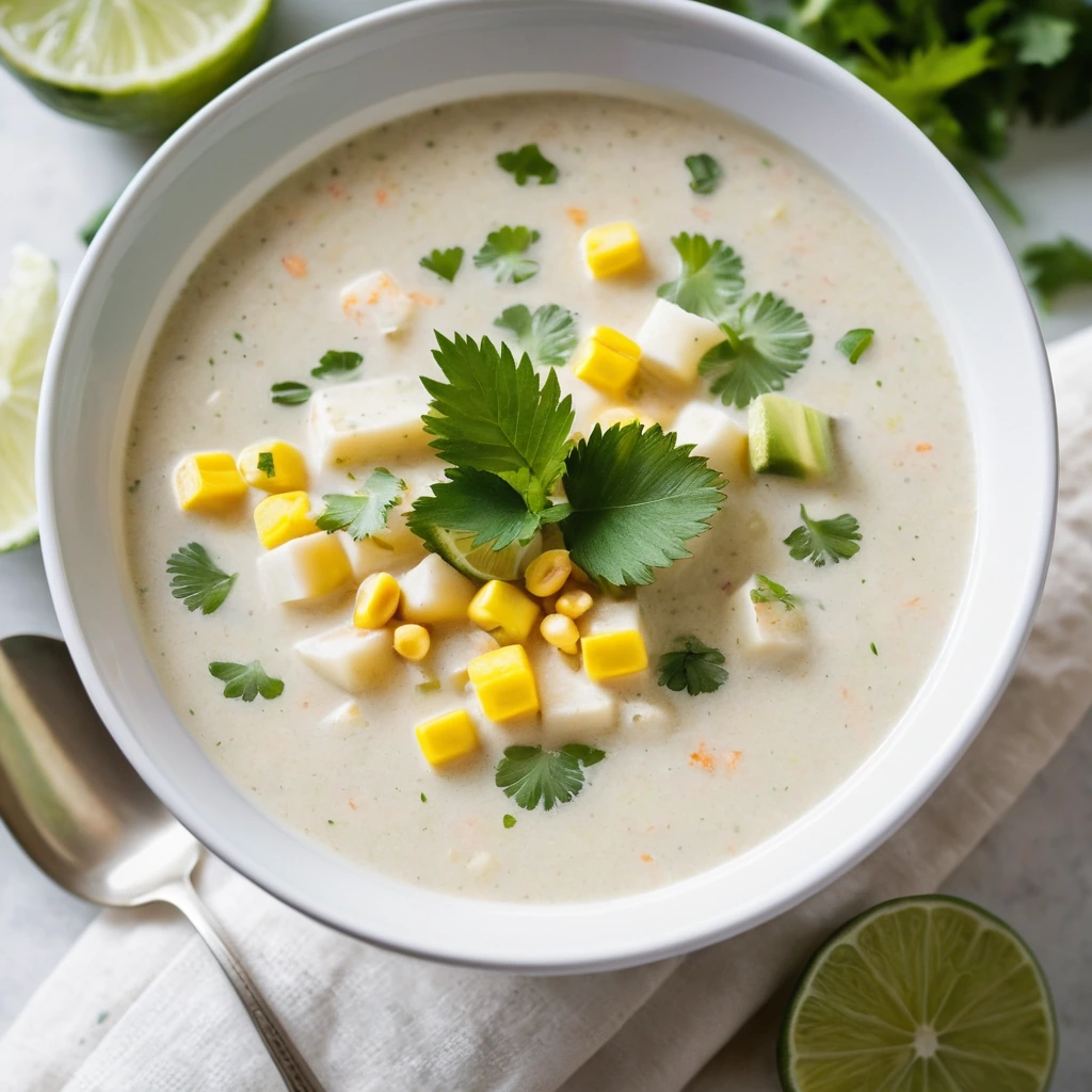 Golden chowder in a white bowl topped with green cilantro and lime wedges