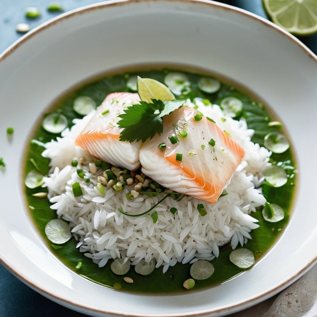 White fish fillet on a bed of fragrant jasmine rice, drizzled with a creamy coconut-lime sauce, garnished with cilantro.