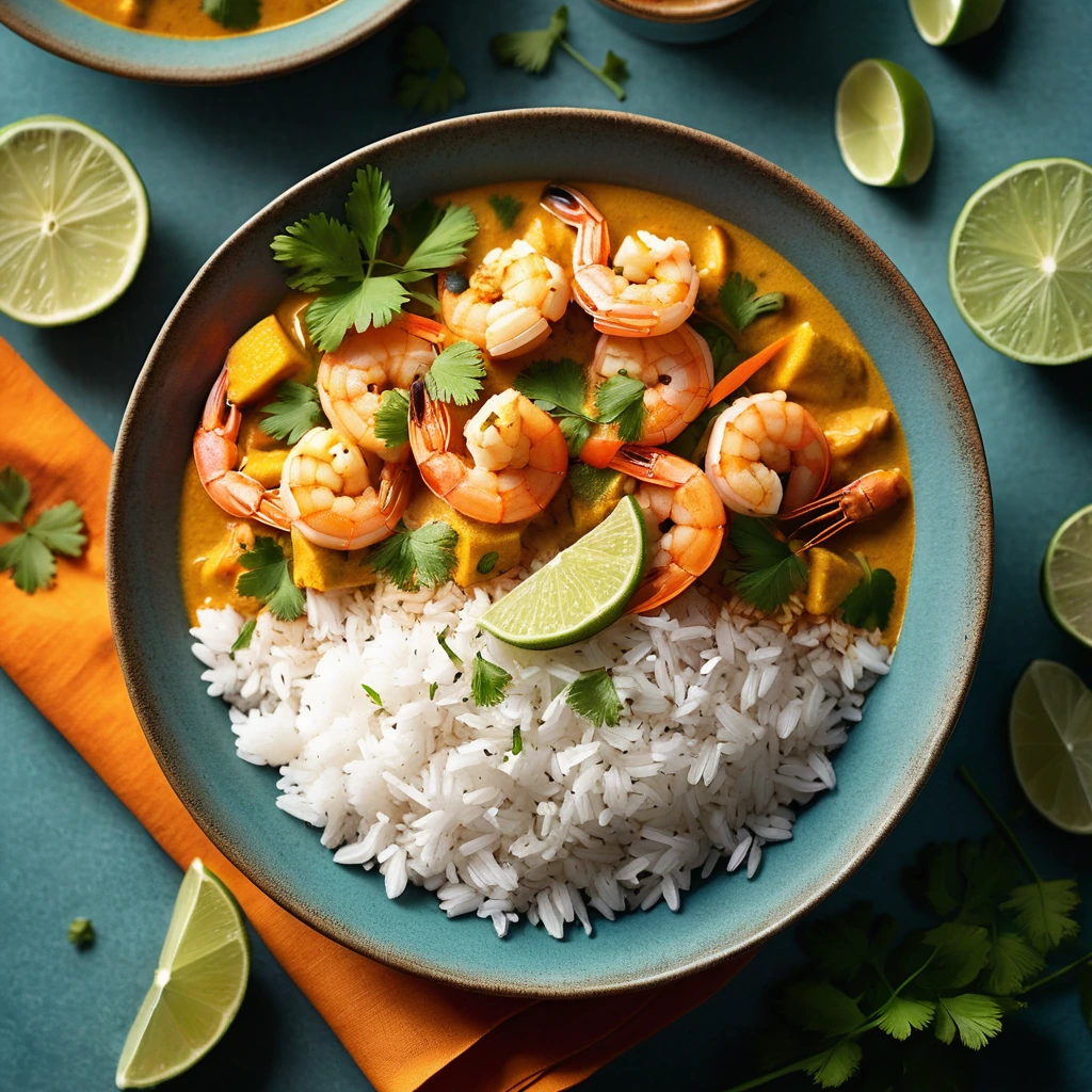 golden jasmine rice topped with vibrant orange and yellow curry sauce with plump shrimp and green cilantro garnish