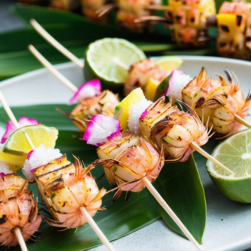 Grilled skewers with pink shrimp and golden pineapple chunks, drizzled with a green garnish.