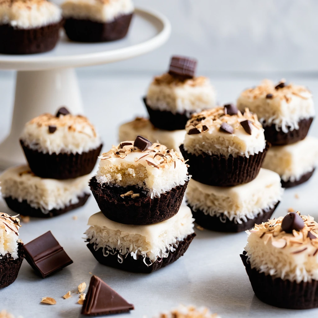 Golden-brown, bite-sized squares with a chewy, coconut-studded surface and rich, dark chocolate centers.