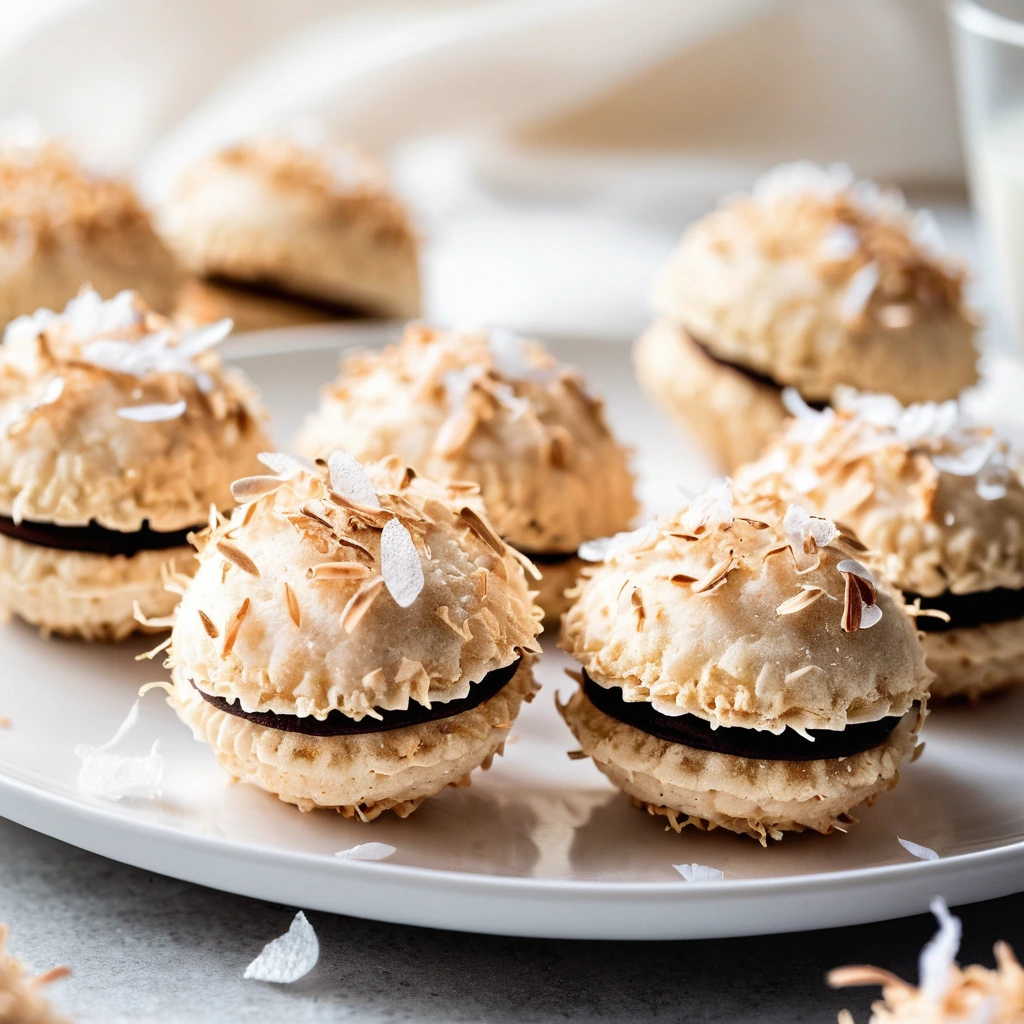 Golden brown coconut macaroons on a white plate with a sprinkle of shredded coconut on top.