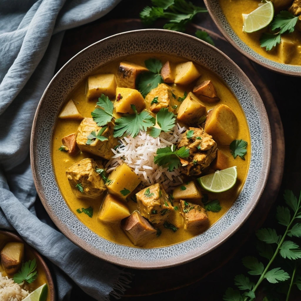 Golden coconut stew with tender chicken and diced potatoes served in a rustic bowl, garnished with fresh cilantro.