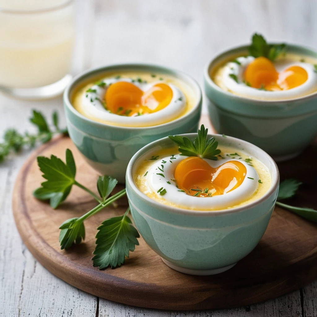 Four ramekins with golden, creamy eggs topped with melted cheese and chives on a rustic wooden board.