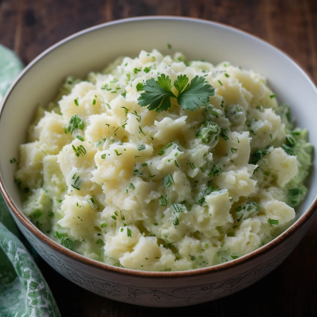 Steamy bowl of golden mashed potatoes with green flecks of cabbage and scallions.