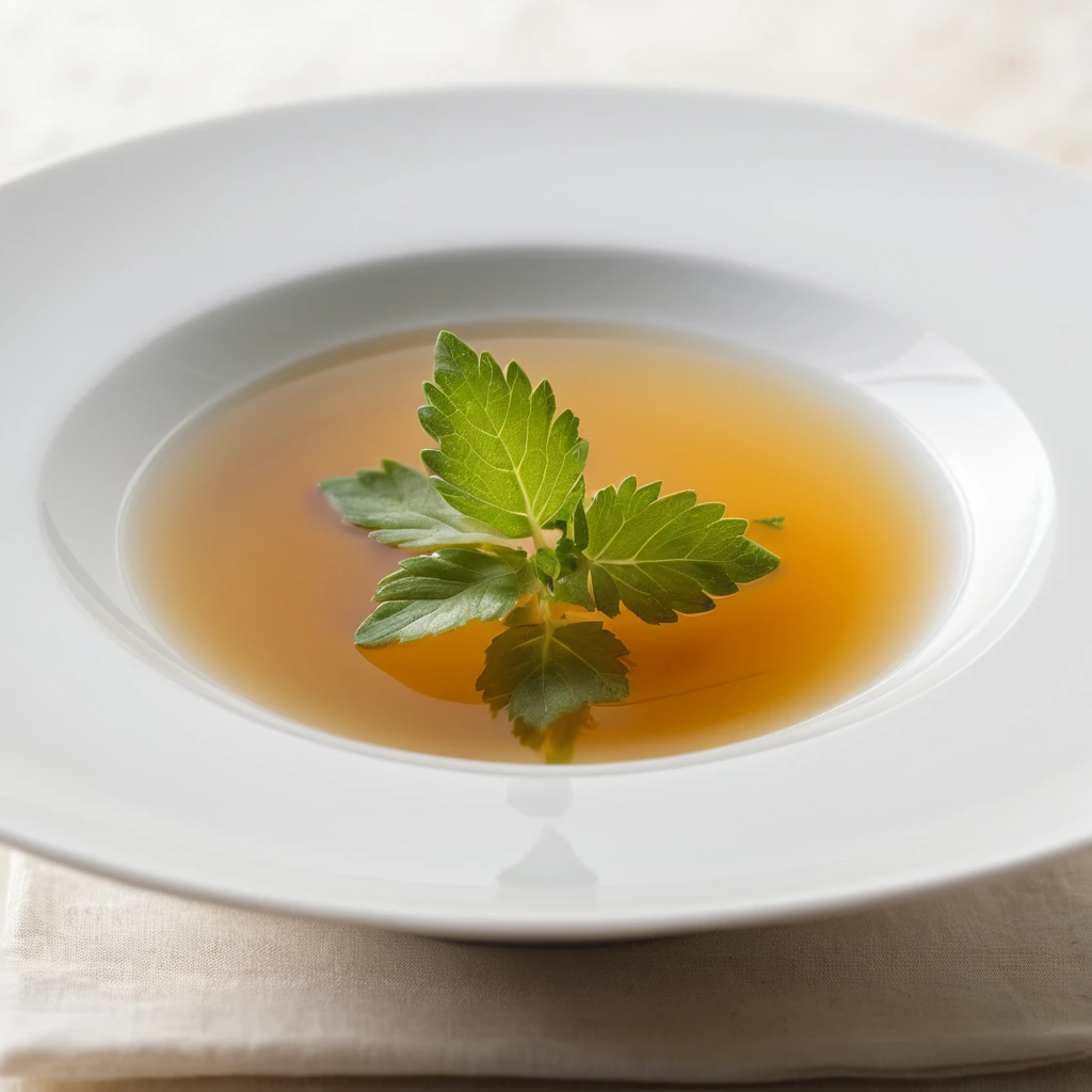 Clear golden broth in a white bowl garnished with fresh parsley