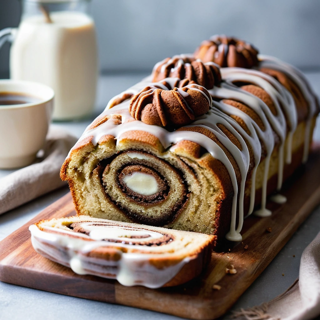 Golden brown loaf with gooey caramelized top, sprinkled with cinnamon sugar and drizzled with cream cheese glaze.